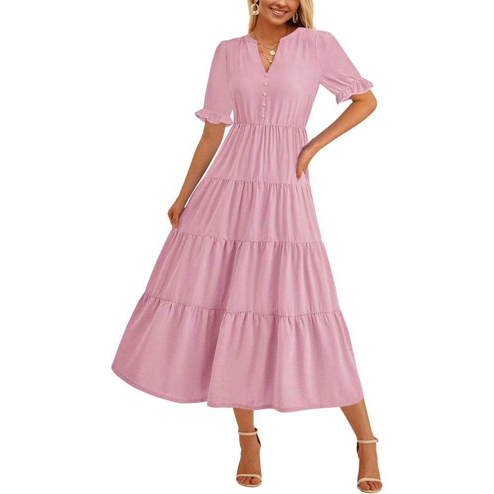 imagePRETTYGARDEN Womens Summer Casual Short Sleeve V Neck Midi Dresses 2025 Spring Aline Tiered Wedding Guest DressPink
