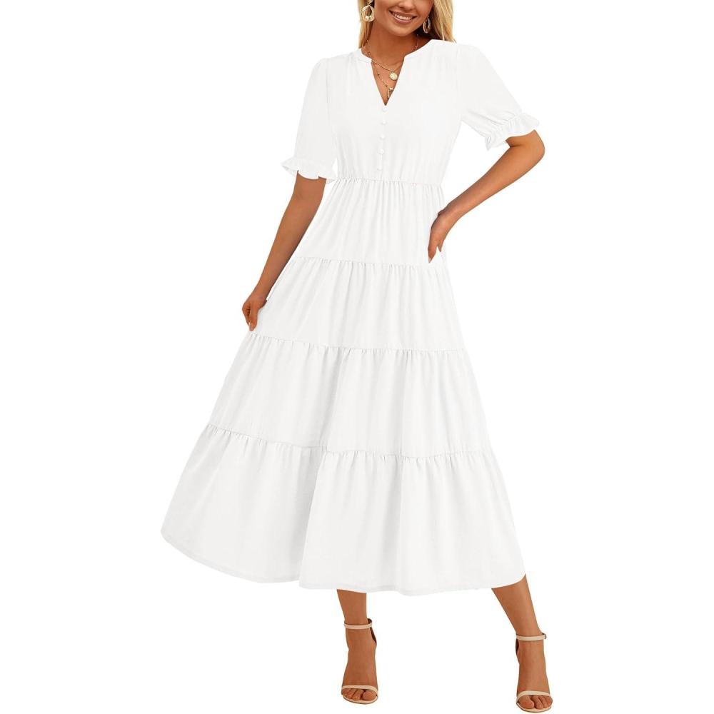 imagePRETTYGARDEN Womens Summer Casual Short Sleeve V Neck Midi Dresses 2025 Spring Aline Tiered Wedding Guest DressWhite