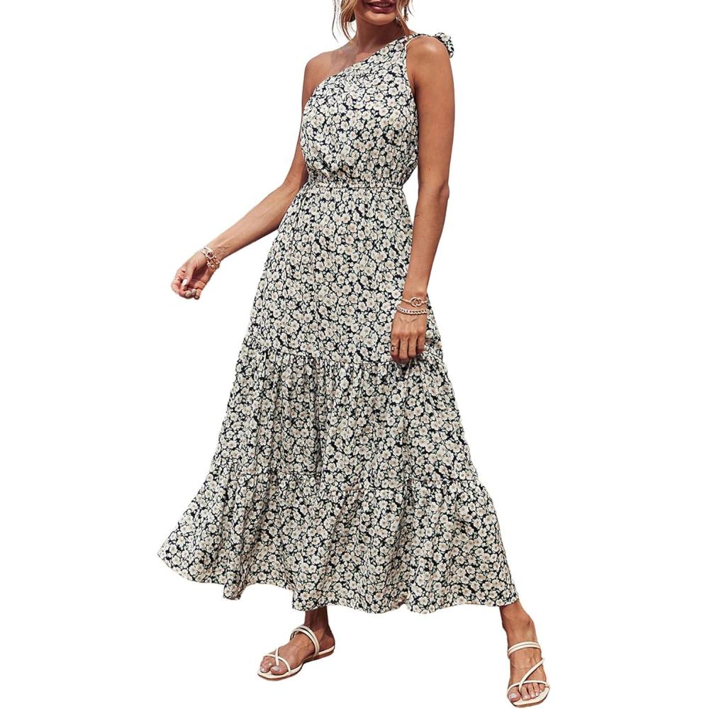 imagePRETTYGARDEN Womens Summer Floral One Shoulder Maxi Dress Knot Ruffle Boho Beach Vacation Wedding Guest Long Sun DressesBlack White