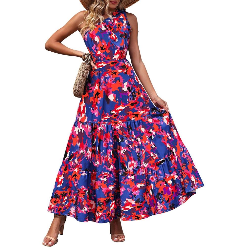 imagePRETTYGARDEN Womens Summer Floral One Shoulder Maxi Dress Knot Ruffle Boho Beach Vacation Wedding Guest Long Sun DressesDark Blue Orange Floral
