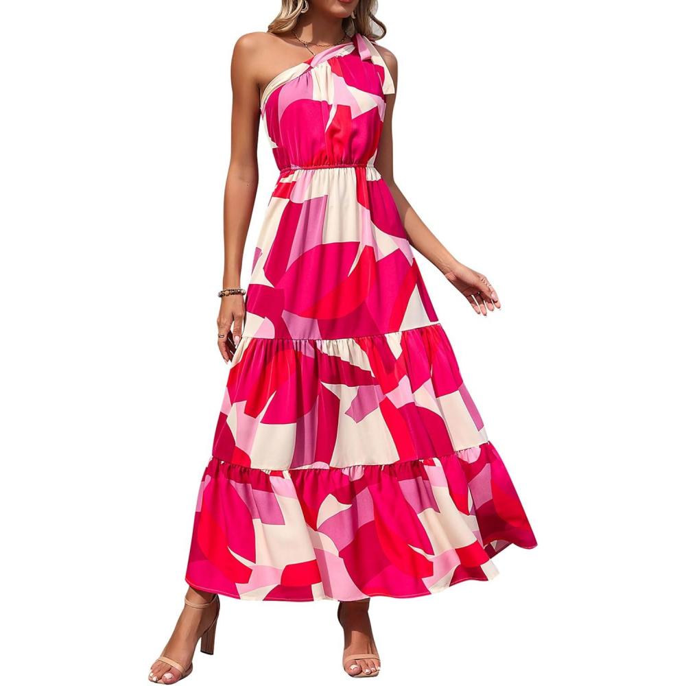 imagePRETTYGARDEN Womens Summer Floral One Shoulder Maxi Dress Knot Ruffle Boho Beach Vacation Wedding Guest Long Sun DressesRed White Block