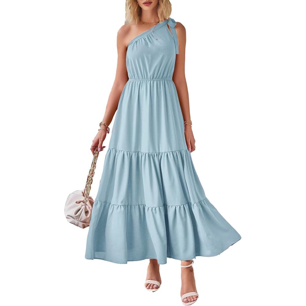 imagePRETTYGARDEN Womens Summer Floral One Shoulder Maxi Dress Knot Ruffle Boho Beach Vacation Wedding Guest Long Sun DressesSolid Light Blue