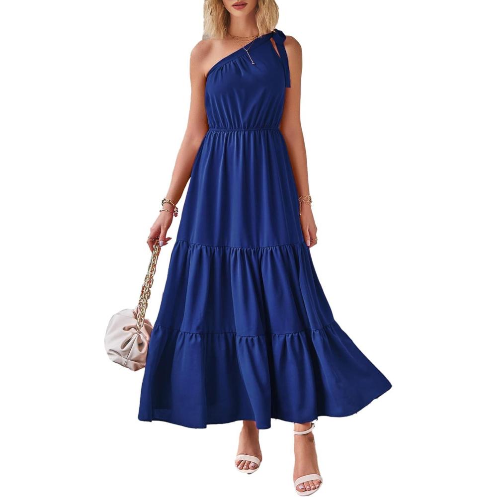 imagePRETTYGARDEN Womens Summer Floral One Shoulder Maxi Dress Knot Ruffle Boho Beach Vacation Wedding Guest Long Sun DressesSolid Royal Blue