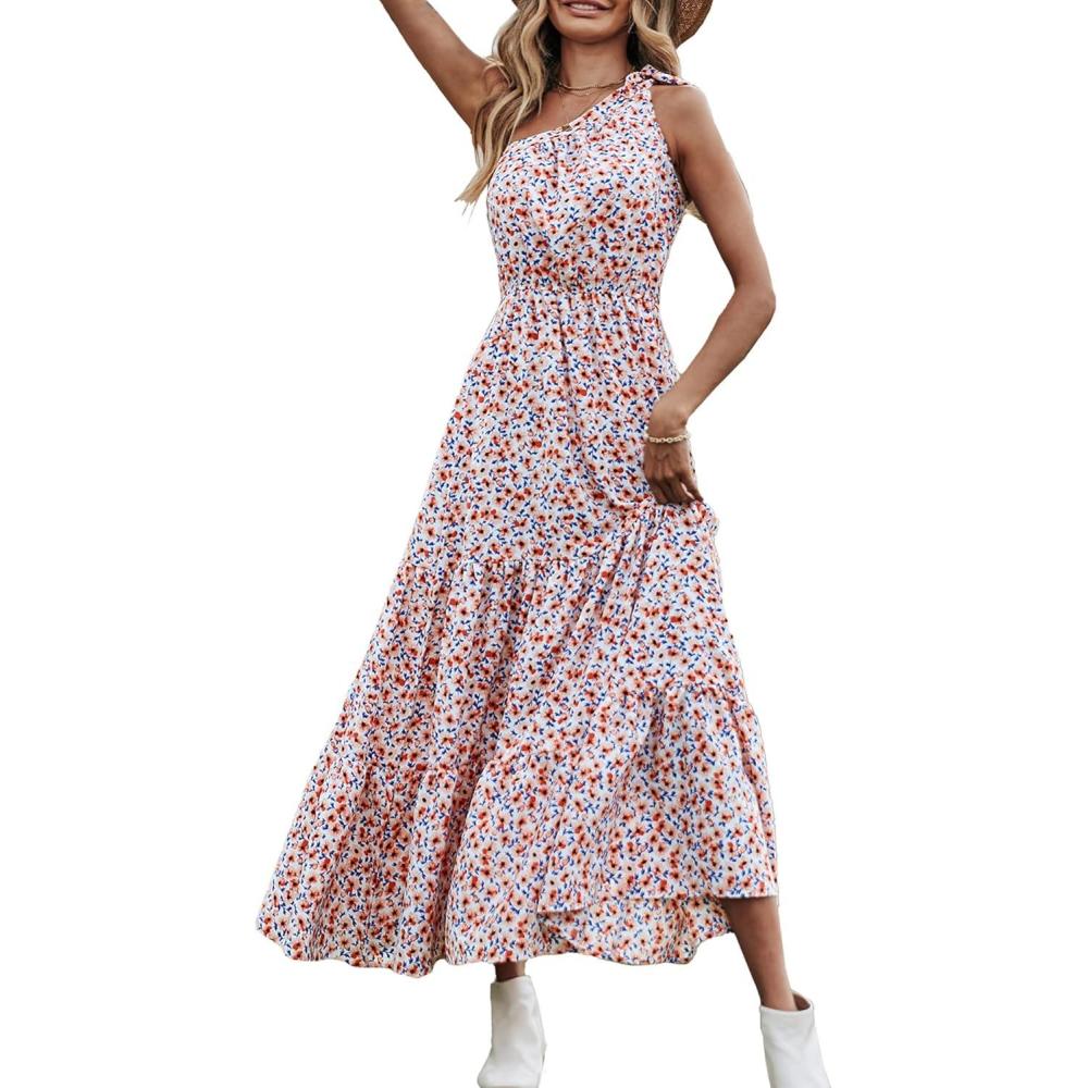 imagePRETTYGARDEN Womens Summer Floral One Shoulder Maxi Dress Knot Ruffle Boho Beach Vacation Wedding Guest Long Sun DressesWhite Red