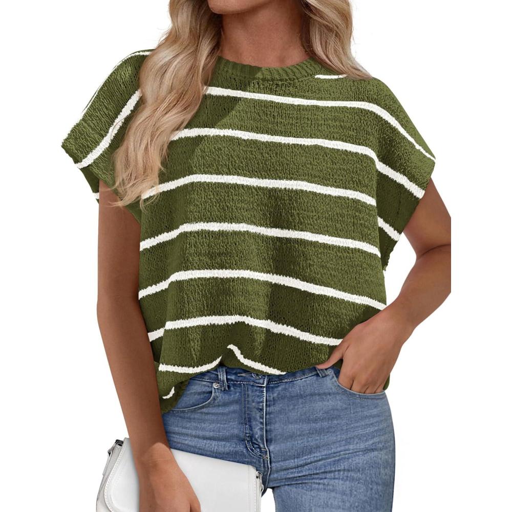 imagePRETTYGARDEN Womens Summer Short Sleeve Tops 2026 Trendy Crew Neck Striped Knit Sweater Business Casual Spring ClothesStriped Army Green White