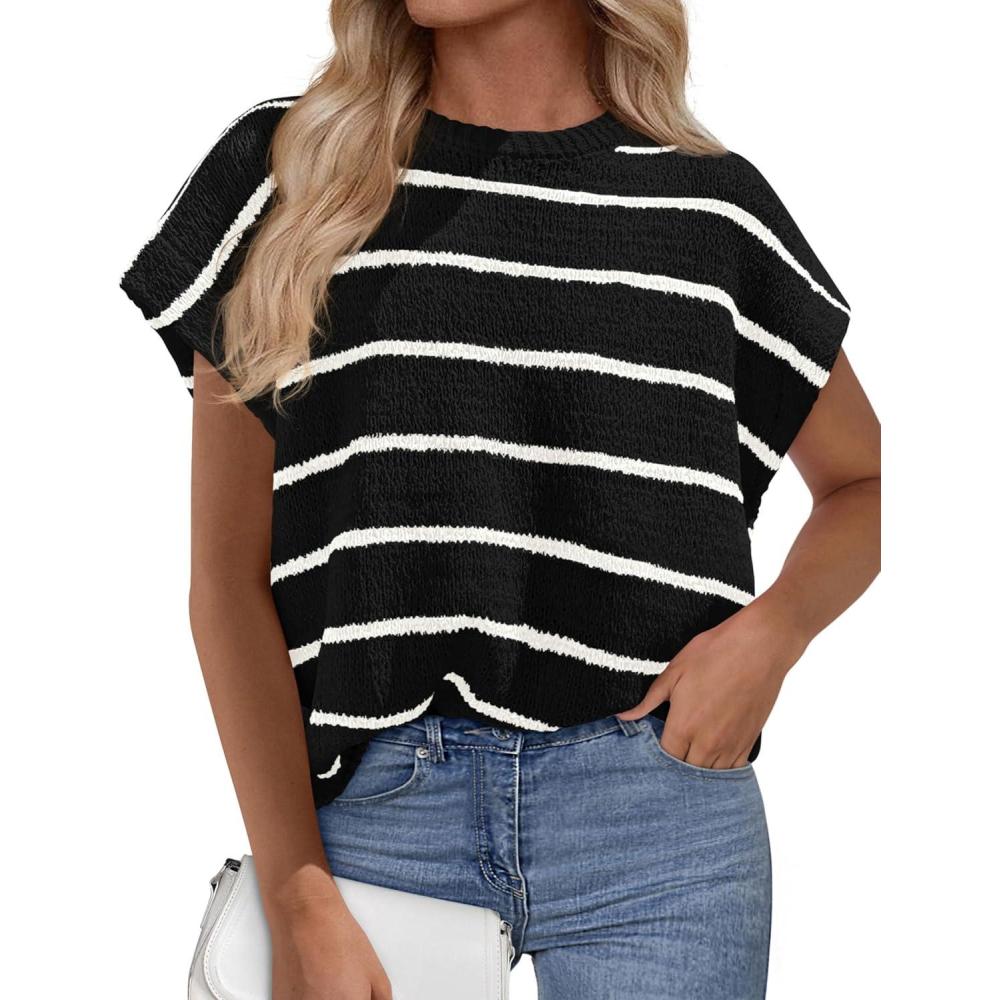 imagePRETTYGARDEN Womens Summer Short Sleeve Tops 2026 Trendy Crew Neck Striped Knit Sweater Business Casual Spring ClothesStriped Black White