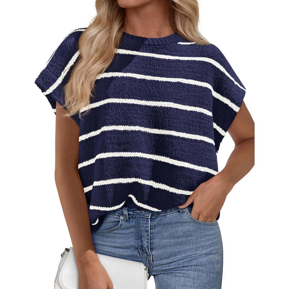 imagePRETTYGARDEN Womens Summer Short Sleeve Tops 2026 Trendy Crew Neck Striped Knit Sweater Business Casual Spring ClothesStriped Navy White