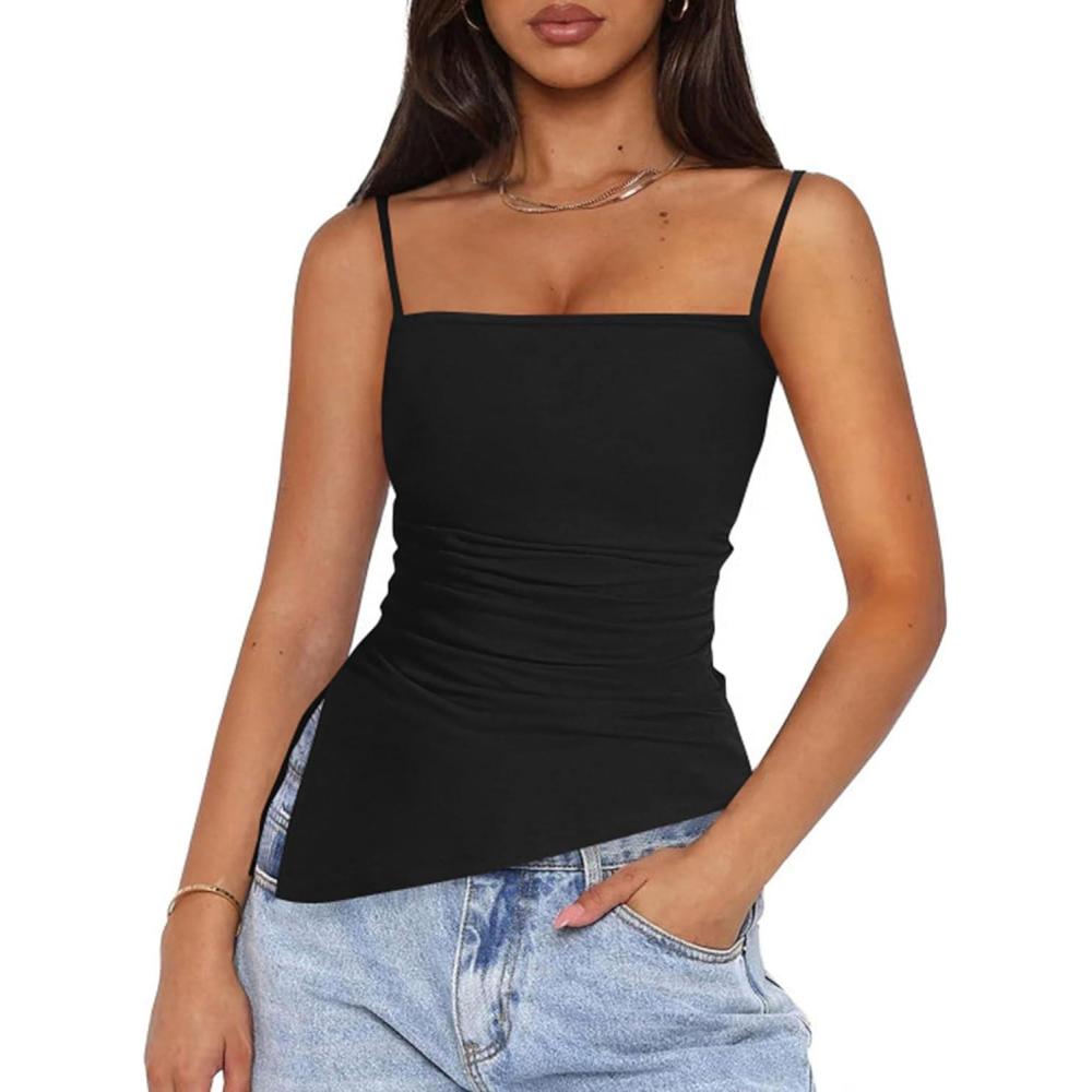 imagePRETTYGARDEN Womens Summer Spaghetti Strap Tank Tops Sleeveless Camisole Blouses Asymmetrical Going Out Basic Tank ShirtBlack
