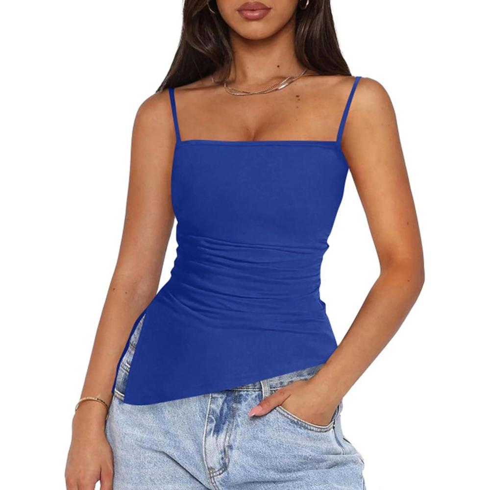imagePRETTYGARDEN Womens Summer Spaghetti Strap Tank Tops Sleeveless Camisole Blouses Asymmetrical Going Out Basic Tank ShirtBlue