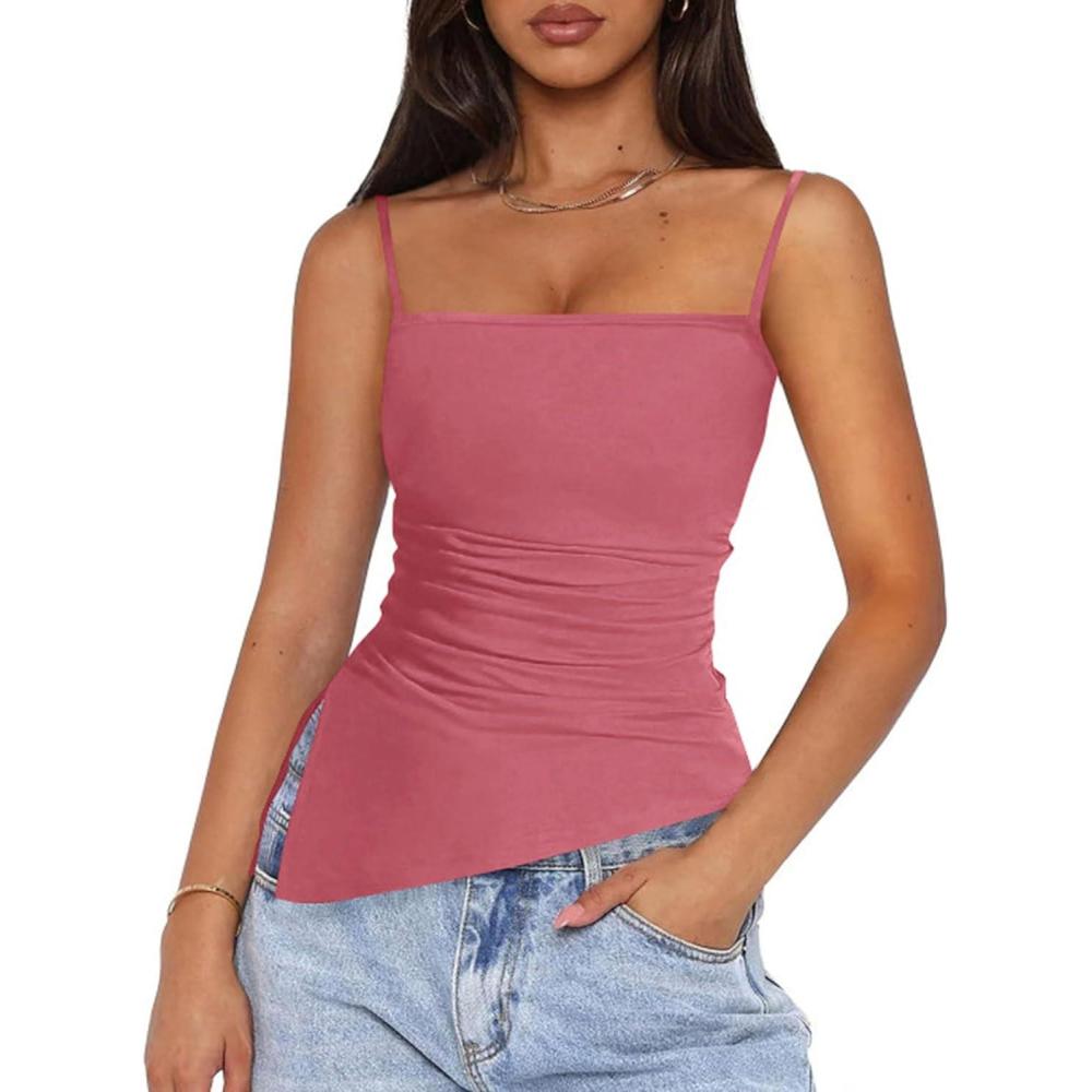 imagePRETTYGARDEN Womens Summer Spaghetti Strap Tank Tops Sleeveless Camisole Blouses Asymmetrical Going Out Basic Tank ShirtDark Pink