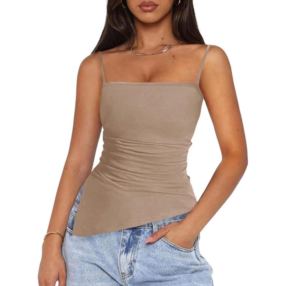 imagePRETTYGARDEN Womens Summer Spaghetti Strap Tank Tops Sleeveless Camisole Blouses Asymmetrical Going Out Basic Tank ShirtKhaki