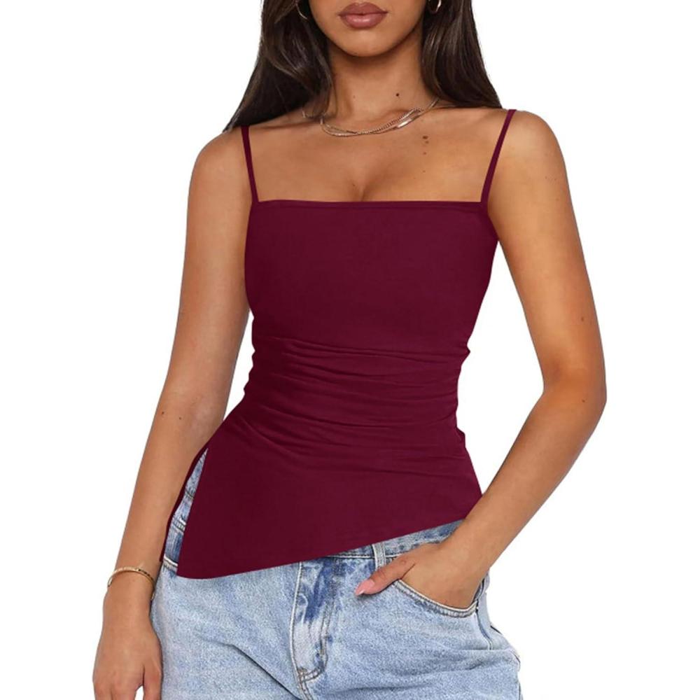 imagePRETTYGARDEN Womens Summer Spaghetti Strap Tank Tops Sleeveless Camisole Blouses Asymmetrical Going Out Basic Tank ShirtWine Red
