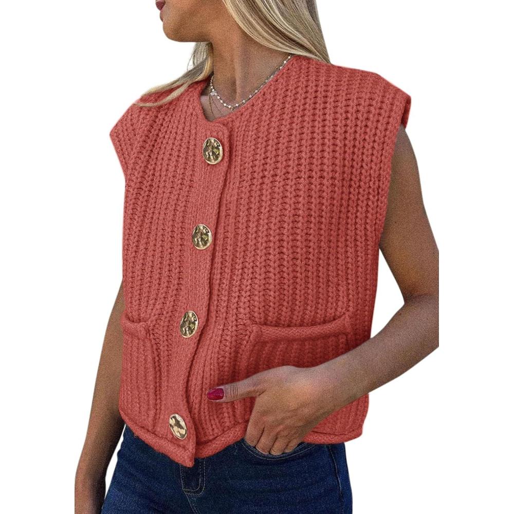 imagePRETTYGARDEN Womens Summer Sweaters Vest 2025 Sleeveless Button Down Cropped Pockets Chunky Knit Cardigan Trendy Tank TopsBrick Red