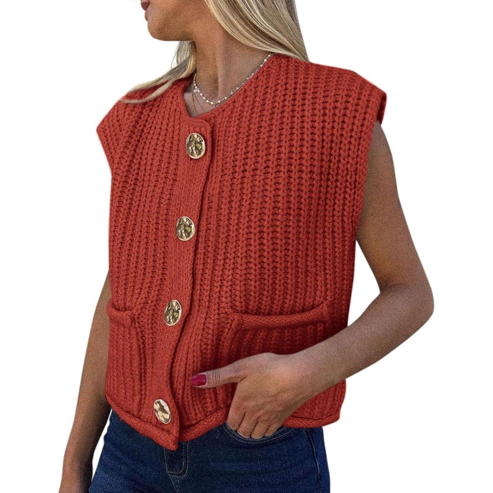 imagePRETTYGARDEN Womens Summer Sweaters Vest 2025 Sleeveless Button Down Cropped Pockets Chunky Knit Cardigan Trendy Tank TopsCaramel