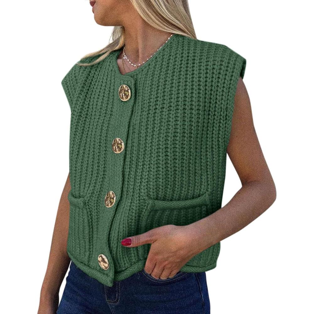 imagePRETTYGARDEN Womens Summer Sweaters Vest 2025 Sleeveless Button Down Cropped Pockets Chunky Knit Cardigan Trendy Tank TopsGreen