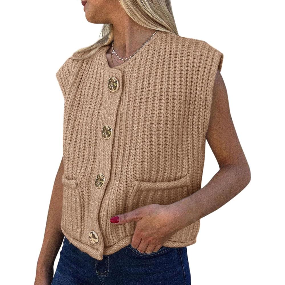 imagePRETTYGARDEN Womens Summer Sweaters Vest 2025 Sleeveless Button Down Cropped Pockets Chunky Knit Cardigan Trendy Tank TopsKhaki