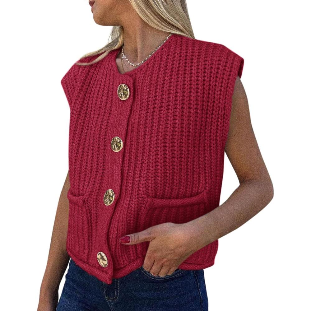 imagePRETTYGARDEN Womens Summer Sweaters Vest 2025 Sleeveless Button Down Cropped Pockets Chunky Knit Cardigan Trendy Tank TopsWine Red