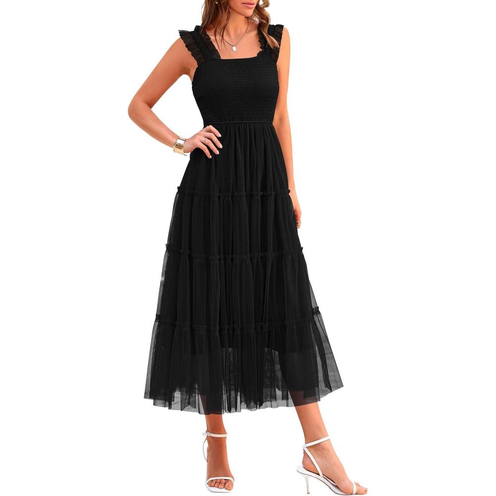 imagePRETTYGARDEN Womens Summer Tulle Midi Dress Sleeveless Smocked Ruffle Flowy Mesh Dresses Party Wedding Guest SundressBlack