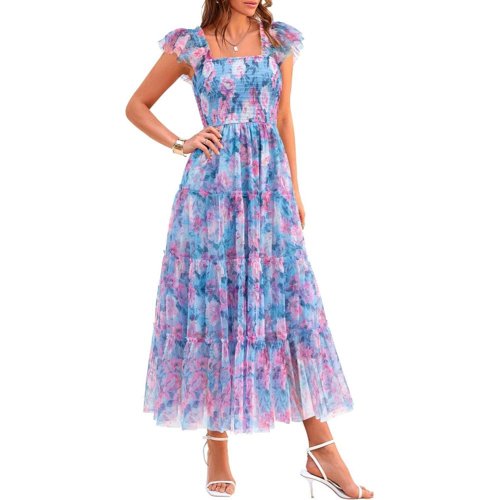 imagePRETTYGARDEN Womens Summer Tulle Midi Dress Sleeveless Smocked Ruffle Flowy Mesh Dresses Party Wedding Guest SundressFloral Blue Pink