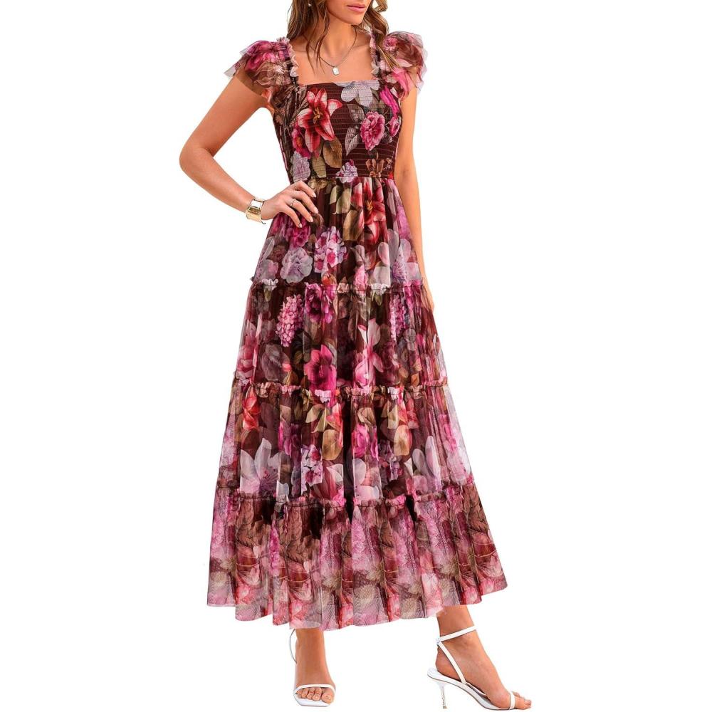 imagePRETTYGARDEN Womens Summer Tulle Midi Dress Sleeveless Smocked Ruffle Flowy Mesh Dresses Party Wedding Guest SundressFloral Brown Pink