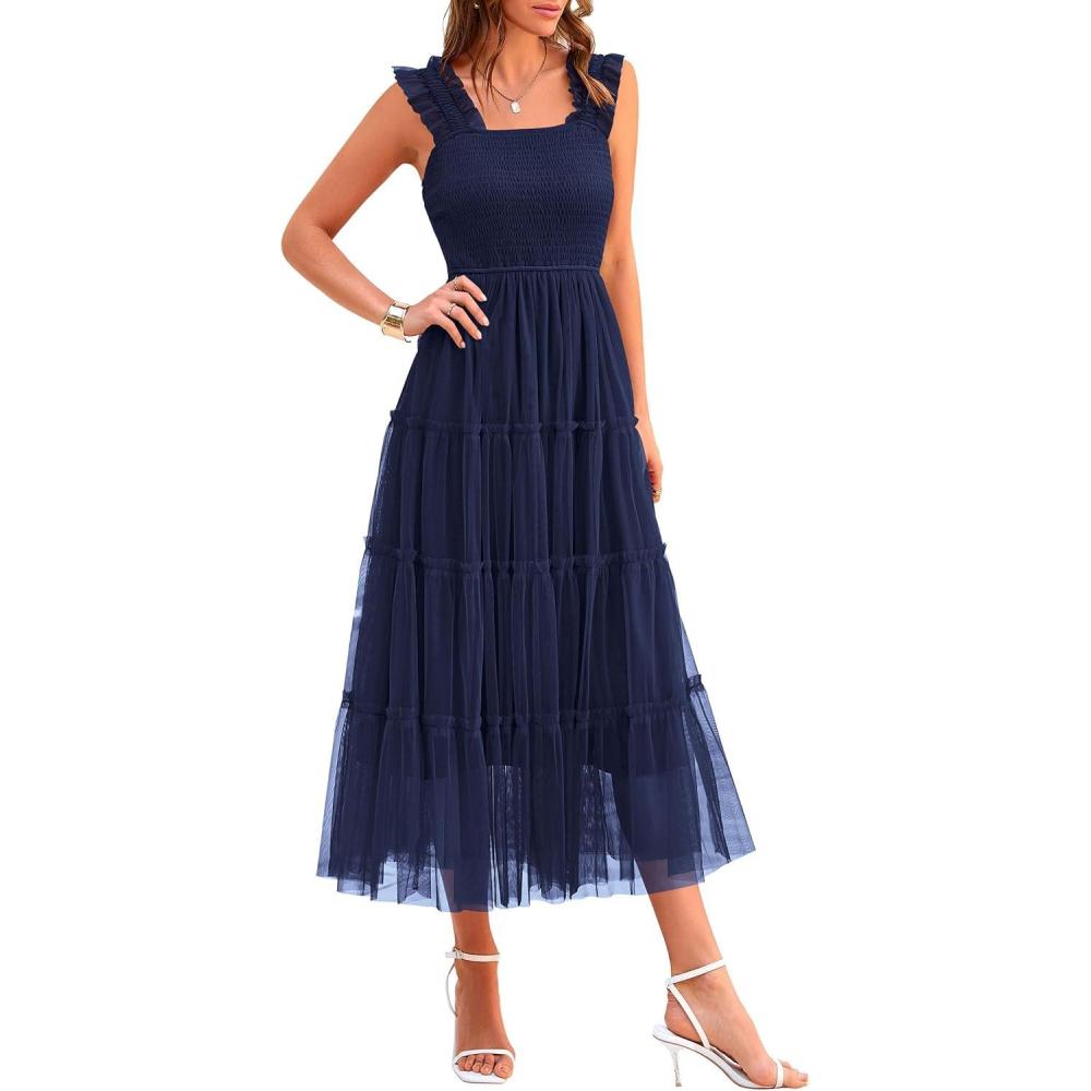 imagePRETTYGARDEN Womens Summer Tulle Midi Dress Sleeveless Smocked Ruffle Flowy Mesh Dresses Party Wedding Guest SundressNavy