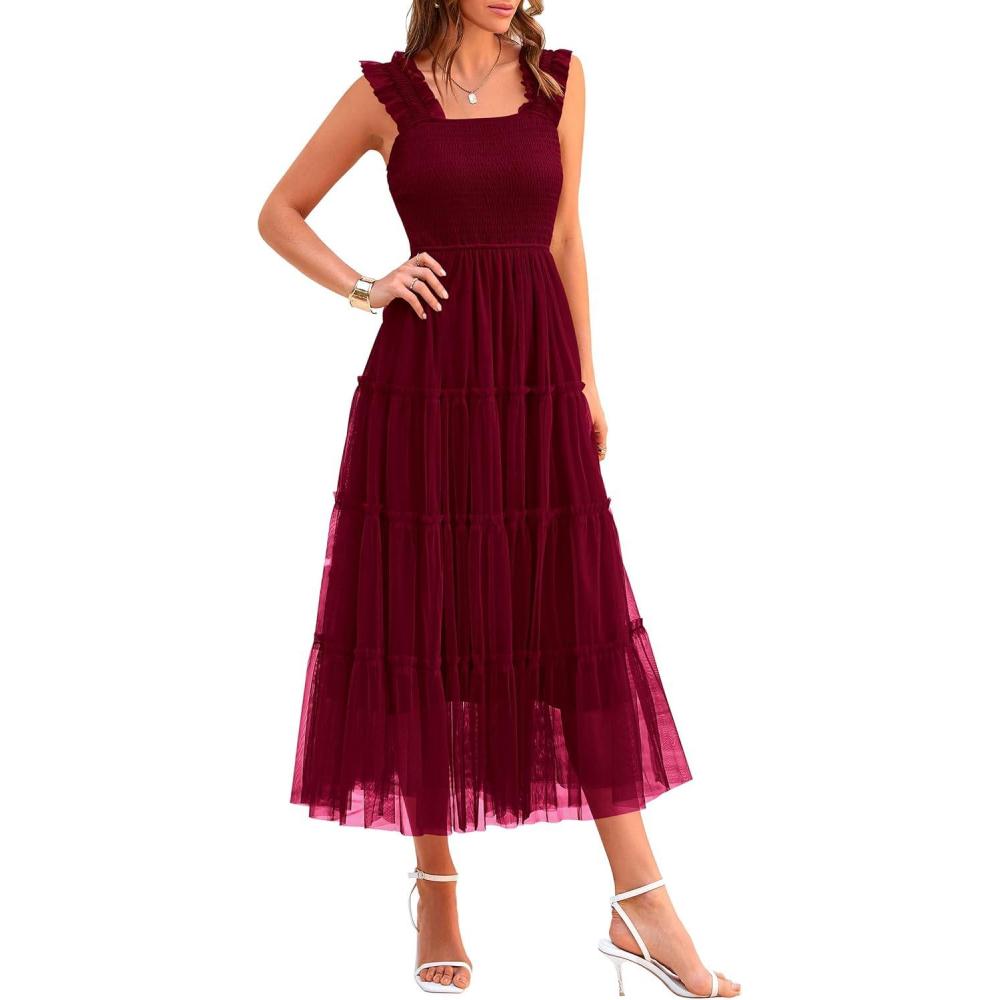 imagePRETTYGARDEN Womens Summer Tulle Midi Dress Sleeveless Smocked Ruffle Flowy Mesh Dresses Party Wedding Guest SundressWine Red