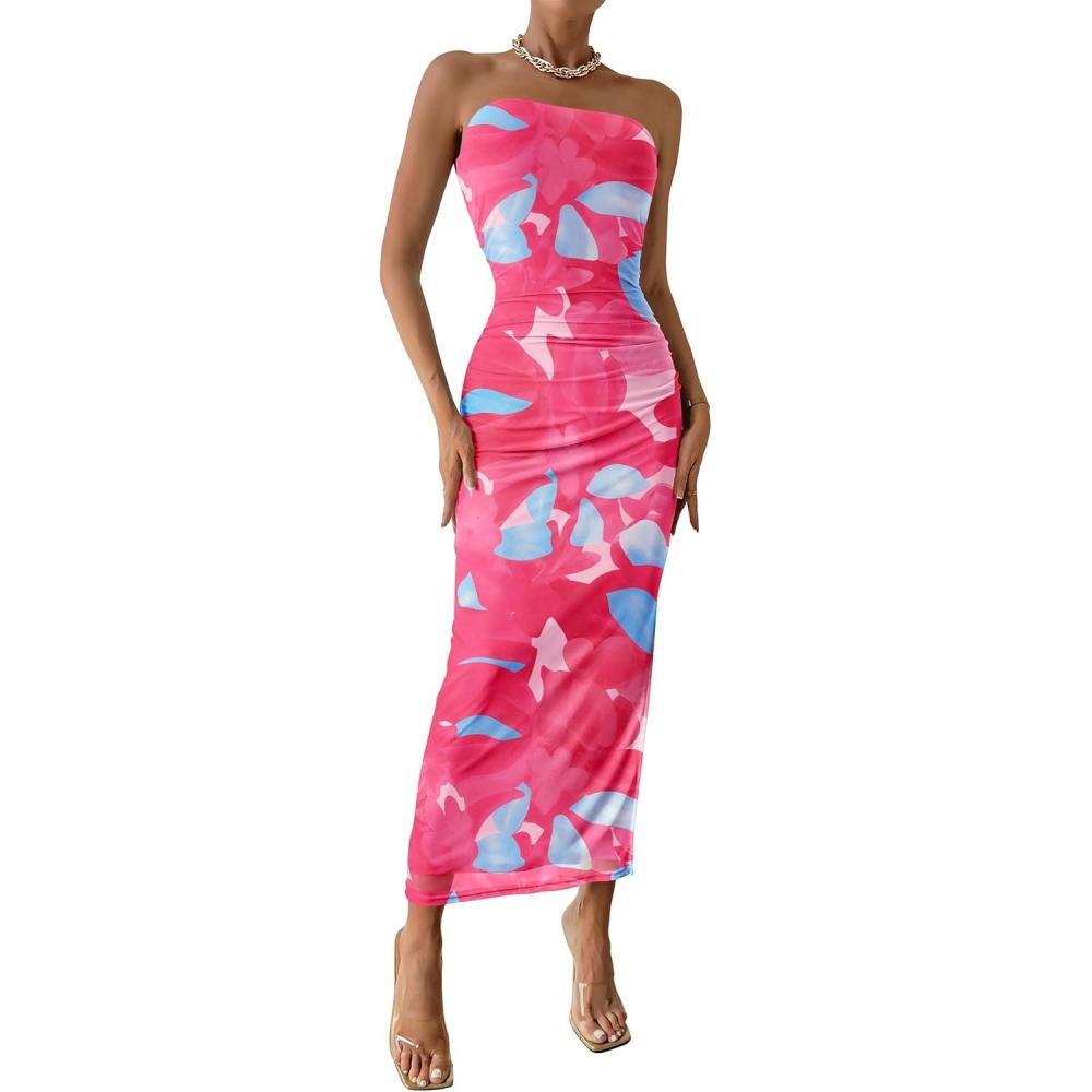 imagePRETTYGARDEN Womens Summer Wedding Guest Dress Strapless Tube Top Maxi Bodycon Long Floral Mesh Beach Vacation Party DressesFloral Rose Red