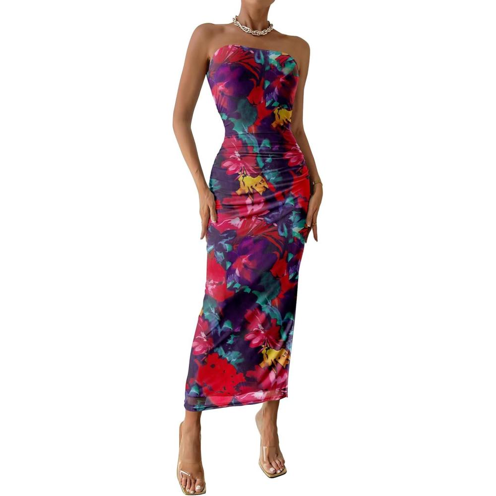 imagePRETTYGARDEN Womens Summer Wedding Guest Dress Strapless Tube Top Maxi Bodycon Long Floral Mesh Beach Vacation Party DressesNavy Red Big Floral