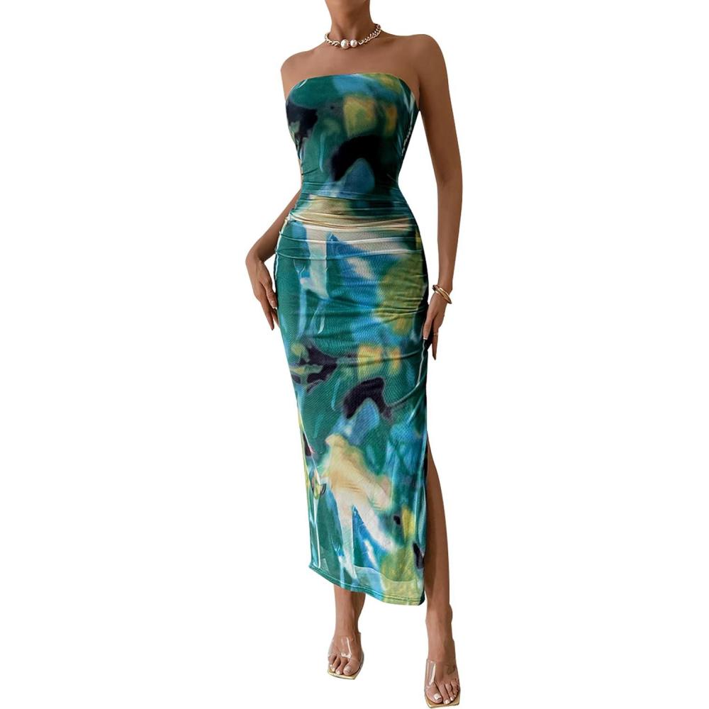 imagePRETTYGARDEN Womens Summer Wedding Guest Dress Strapless Tube Top Maxi Bodycon Long Floral Mesh Beach Vacation Party DressesPrint Green