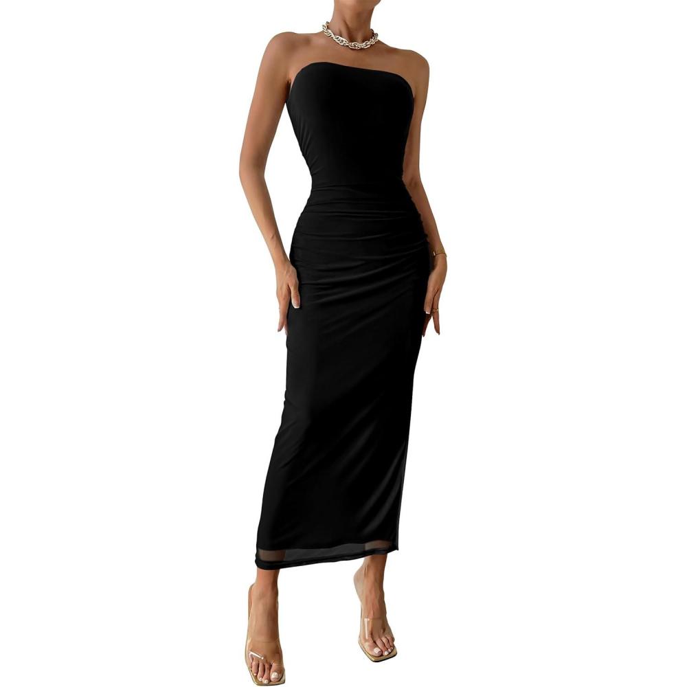 imagePRETTYGARDEN Womens Summer Wedding Guest Dress Strapless Tube Top Maxi Bodycon Long Floral Mesh Beach Vacation Party DressesSolid Black