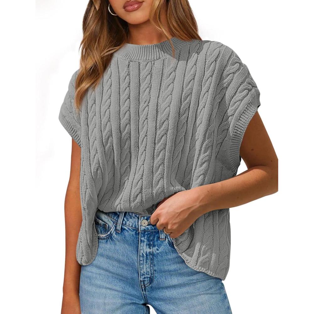imagePRETTYGARDEN Womens Sweater Vest 2025 Summer Short Sleeve Tops Casual Crewneck Knit Oversized Pullover Trendy Spring OutfitsGrey