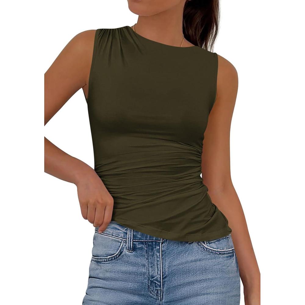 imagePRETTYGARDEN Womens Tank Top Spring 2026 Ruched Asymmetrical Going Out Top Slim Fit Sleeveless Shirts Summer ClothesArmy Green