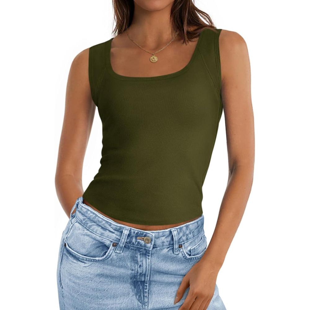 imagePRETTYGARDEN Womens Tank Tops 2026 Spring Casual Sleeveless Fitted Scoop Neck Basic Slim Cute Top Summer Shirt Beach ClothesArmy Green
