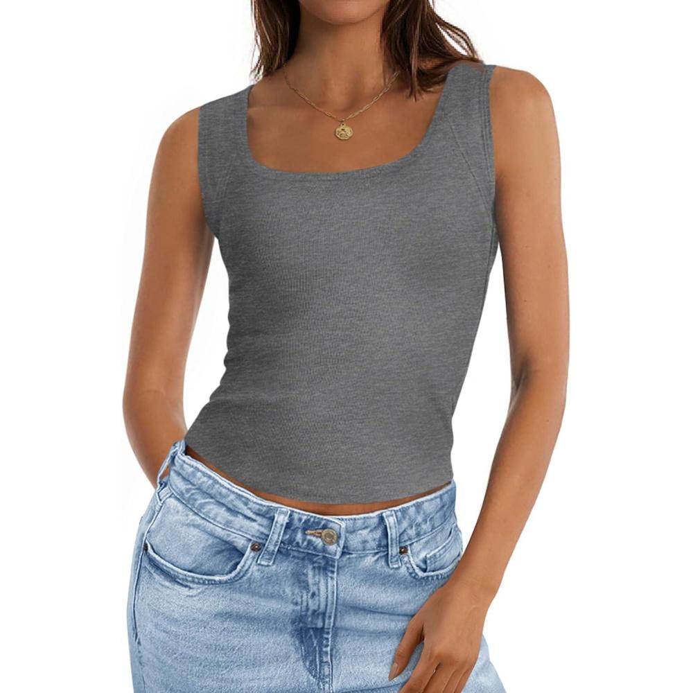 imagePRETTYGARDEN Womens Tank Tops 2026 Spring Casual Sleeveless Fitted Scoop Neck Basic Slim Cute Top Summer Shirt Beach ClothesGrey