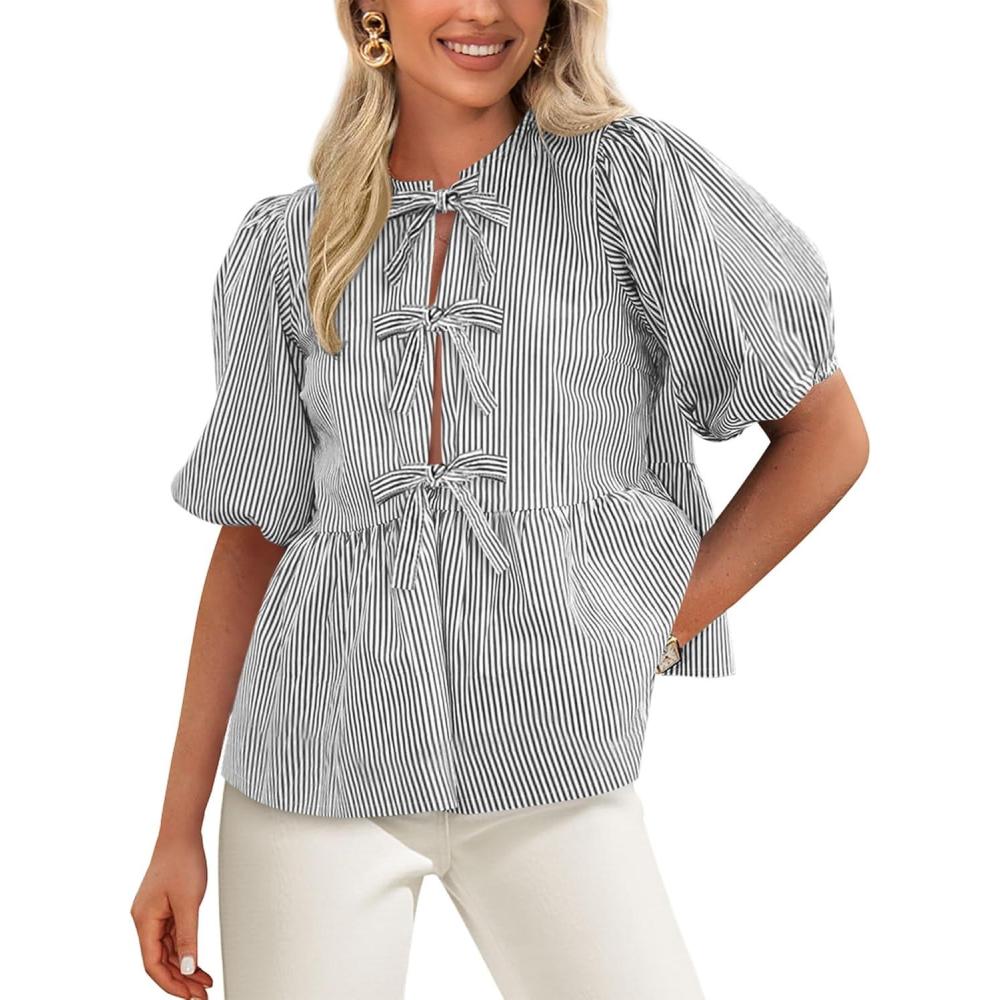 imagePRETTYGARDEN Womens Tie Front Striped Shirt 2026 Summer Trendy Fashion Cute Babydoll Tops Peplum Puffy Sleeve BlouseBlack