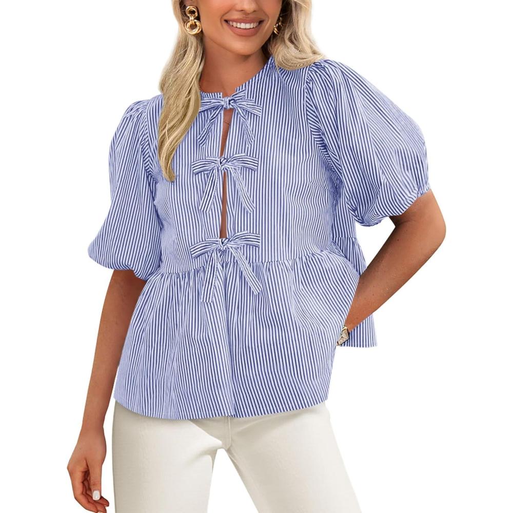 imagePRETTYGARDEN Womens Tie Front Striped Shirt 2026 Summer Trendy Fashion Cute Babydoll Tops Peplum Puffy Sleeve BlouseBlue