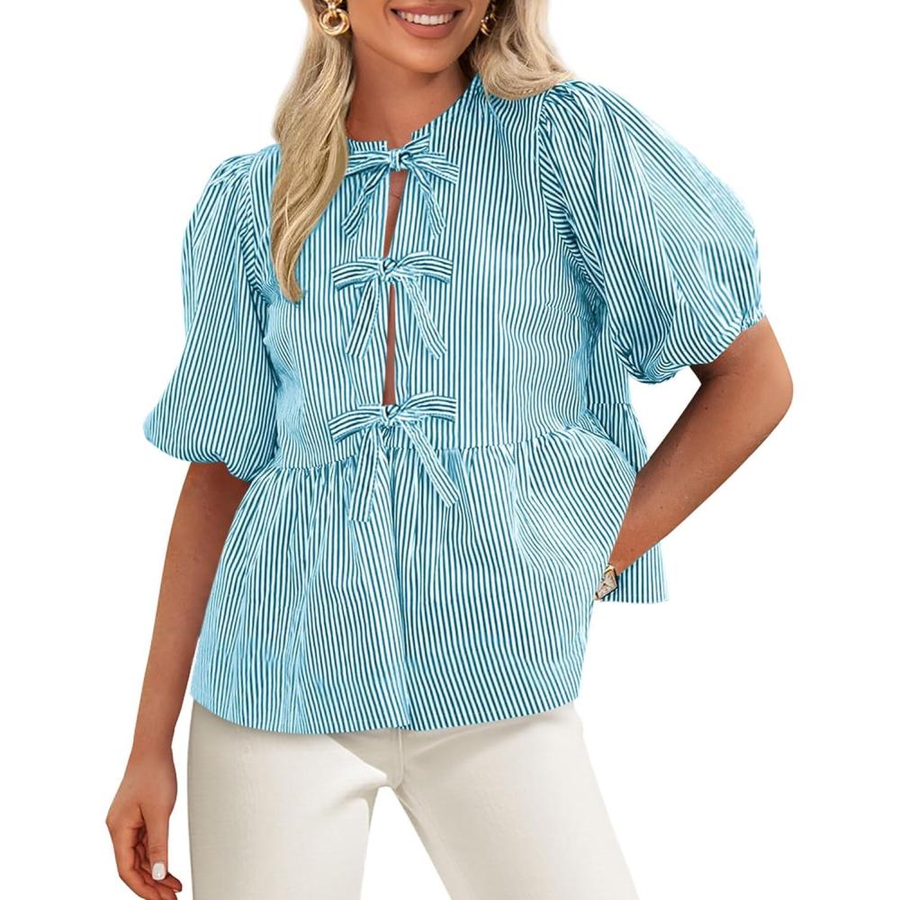 imagePRETTYGARDEN Womens Tie Front Striped Shirt 2026 Summer Trendy Fashion Cute Babydoll Tops Peplum Puffy Sleeve BlouseBlue Green