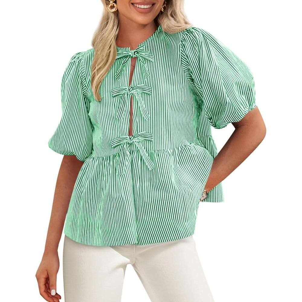 imagePRETTYGARDEN Womens Tie Front Striped Shirt 2026 Summer Trendy Fashion Cute Babydoll Tops Peplum Puffy Sleeve BlouseGreen