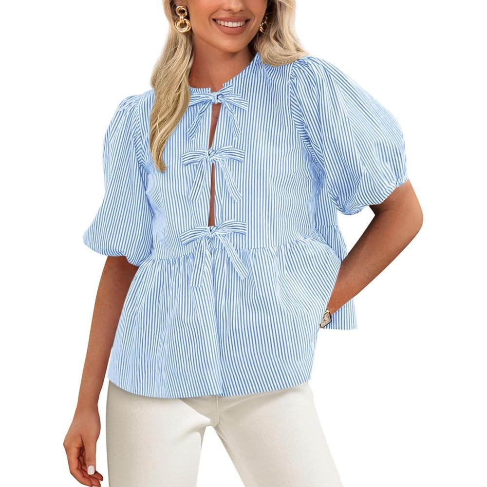 imagePRETTYGARDEN Womens Tie Front Striped Shirt 2026 Summer Trendy Fashion Cute Babydoll Tops Peplum Puffy Sleeve BlouseLight Blue