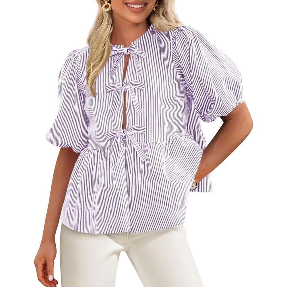 imagePRETTYGARDEN Womens Tie Front Striped Shirt 2026 Summer Trendy Fashion Cute Babydoll Tops Peplum Puffy Sleeve BlouseLight Purple