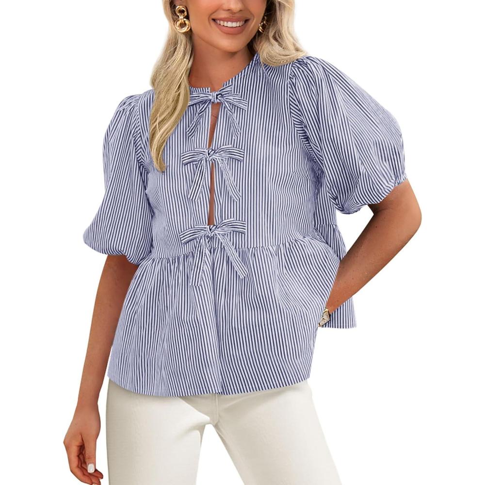 imagePRETTYGARDEN Womens Tie Front Striped Shirt 2026 Summer Trendy Fashion Cute Babydoll Tops Peplum Puffy Sleeve BlouseNavy