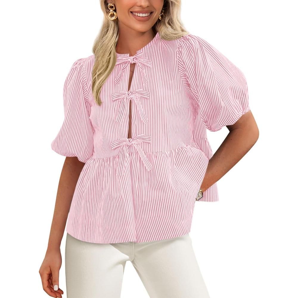 imagePRETTYGARDEN Womens Tie Front Striped Shirt 2026 Summer Trendy Fashion Cute Babydoll Tops Peplum Puffy Sleeve BlousePink