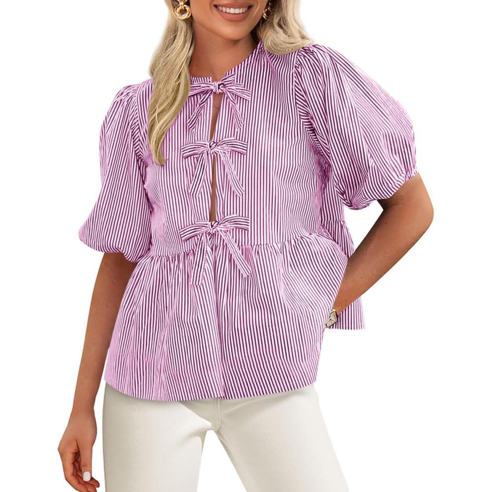 imagePRETTYGARDEN Womens Tie Front Striped Shirt 2026 Summer Trendy Fashion Cute Babydoll Tops Peplum Puffy Sleeve BlousePurple Red