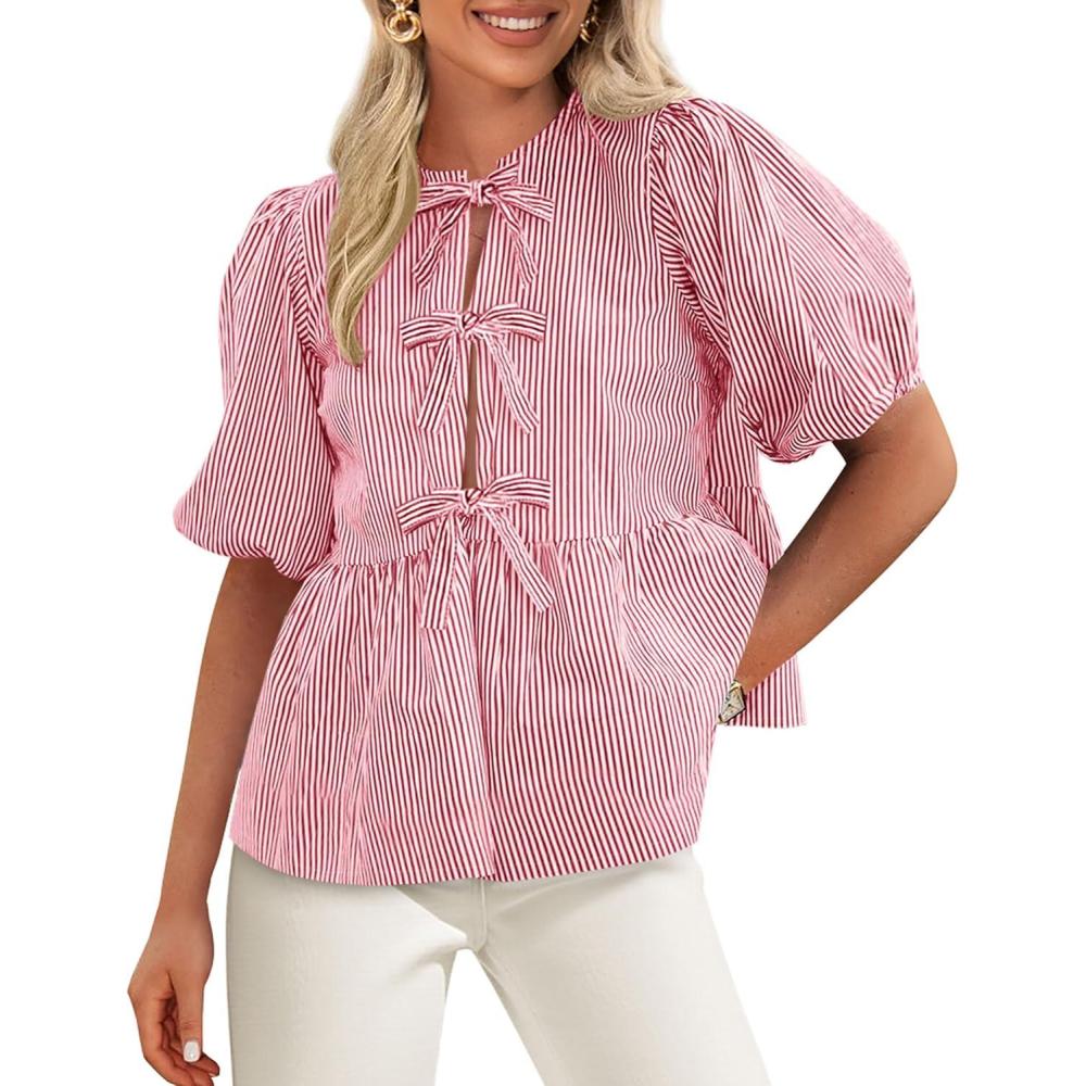 imagePRETTYGARDEN Womens Tie Front Striped Shirt 2026 Summer Trendy Fashion Cute Babydoll Tops Peplum Puffy Sleeve BlouseRed
