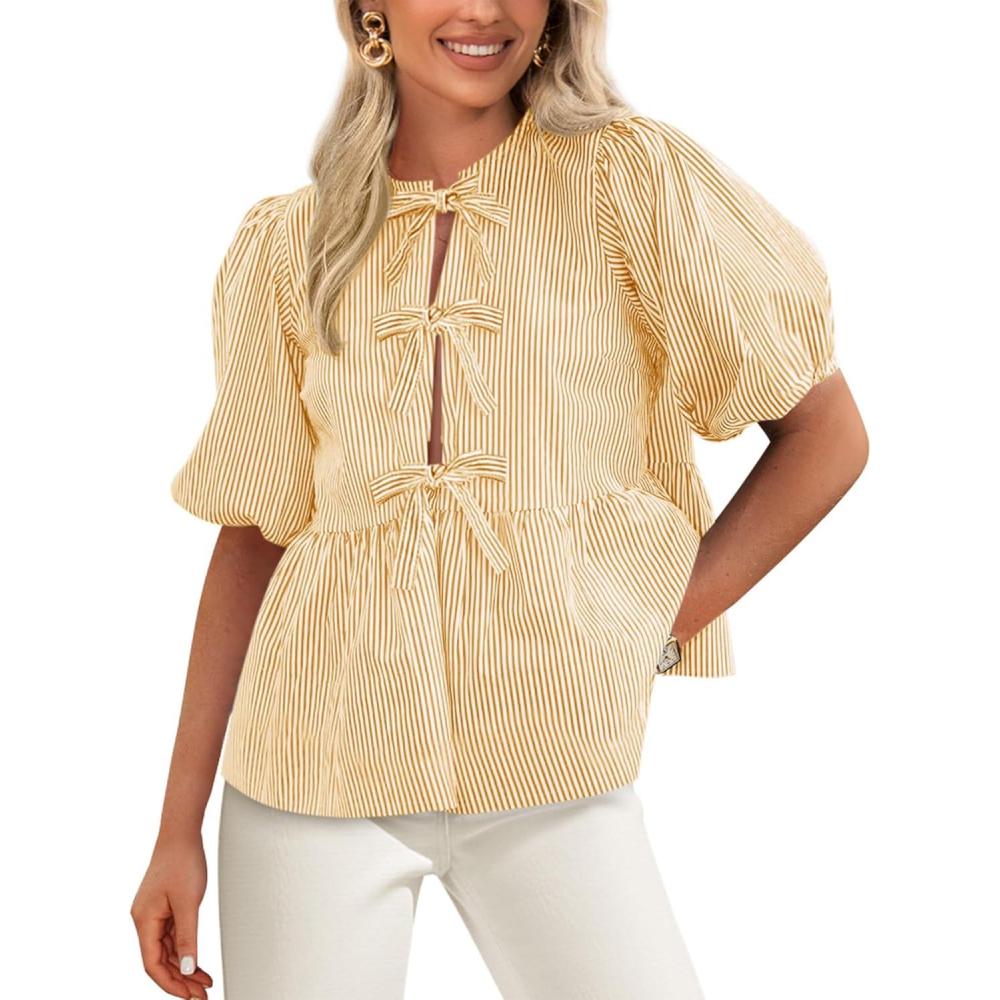 imagePRETTYGARDEN Womens Tie Front Striped Shirt 2026 Summer Trendy Fashion Cute Babydoll Tops Peplum Puffy Sleeve BlouseYellow