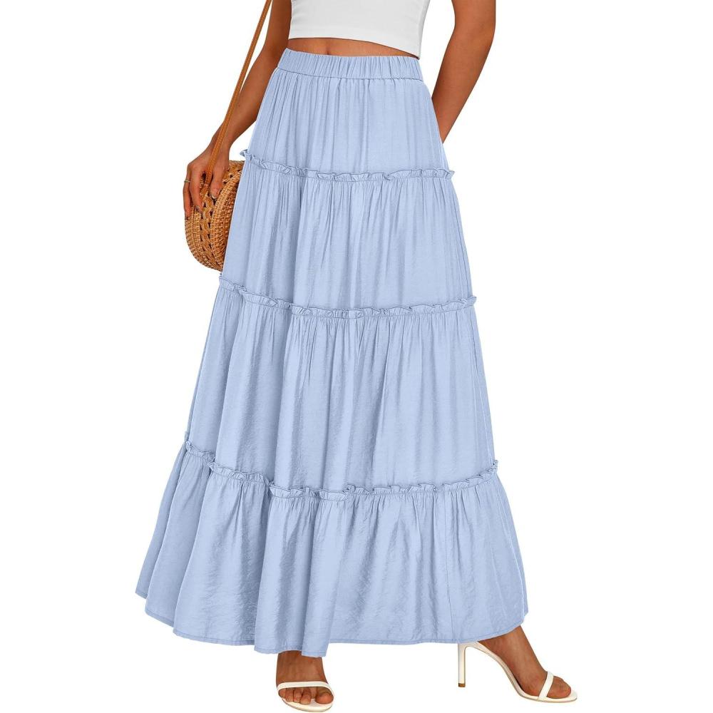 imagePRETTYGARDEN Womens Tiered Maxi Skirt Summer Spring Fashion 2026 High Waisted Long Flowy Casual Boho Beach Vacation ClothesSky Blue