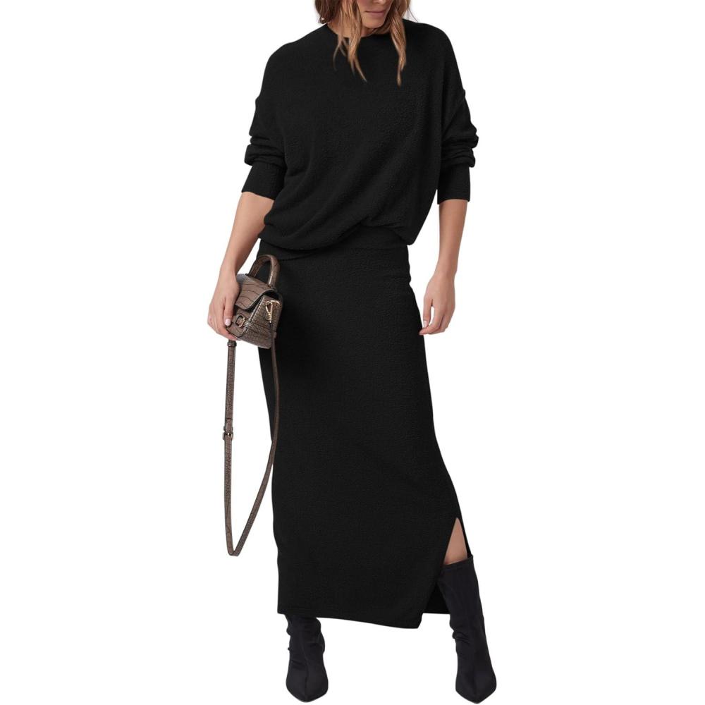 imagePRETTYGARDEN Womens Two Piece Matching Sweater Sets Knit Long Sleeve Pullover Tops Bodycon Long Maxi Skirts Fall OutfitsBlack