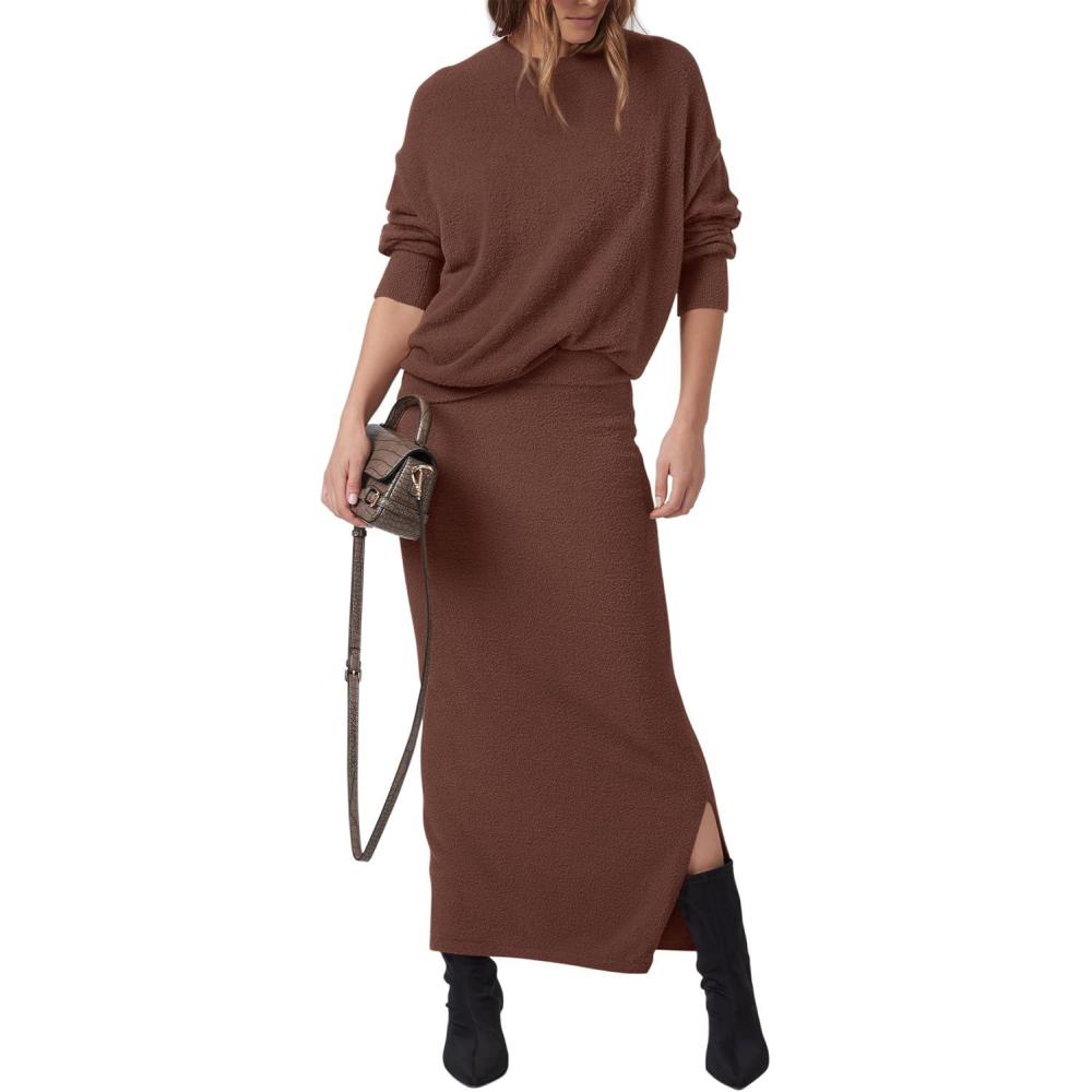 imagePRETTYGARDEN Womens Two Piece Matching Sweater Sets Knit Long Sleeve Pullover Tops Bodycon Long Maxi Skirts Fall OutfitsCoffee