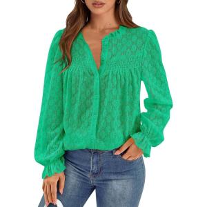 PRETTYGARDEN Lace Long Sleeve Shirts Fall Outfits for Women 2025 Casual Button Down Going Out Tops Hollow Out Eyelet Blouses(Bright Green)