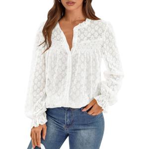 PRETTYGARDEN Lace Long Sleeve Shirts Fall Outfits for Women 2025 Casual Button Down Going Out Tops Hollow Out Eyelet Blouses(Cream White)